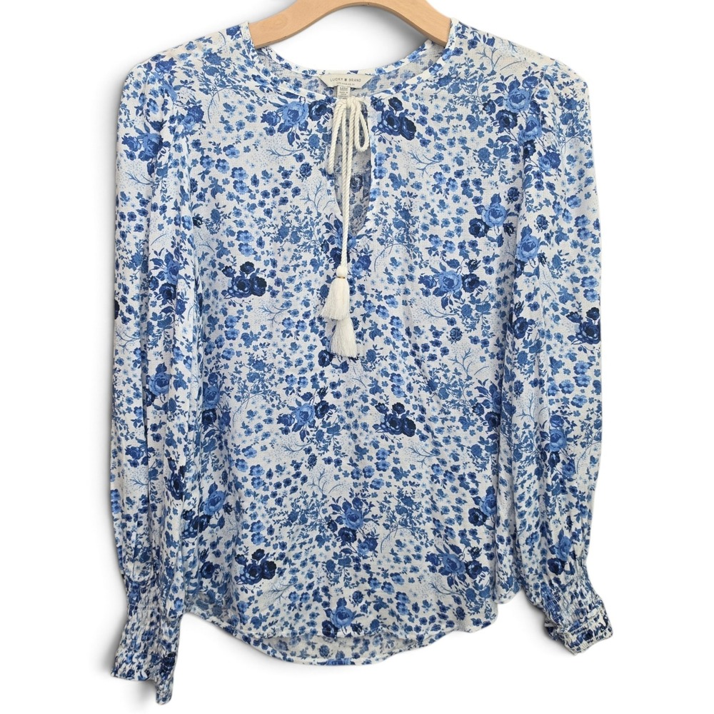 Lucky Brand Top Womens Medium Blue White Floral Peasant Blouse Tassel Smocked M